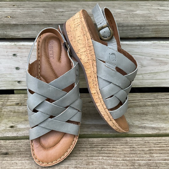 Born Woven Gray Wedge Sandals Leather Buckle Slingback Size 11 Laila Criss Cross - Picture 1 of 14